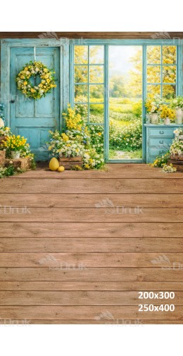 Tło fotograficzne „Wiosenne drzwi z wiankiem i widokiem na łąkę” | E841